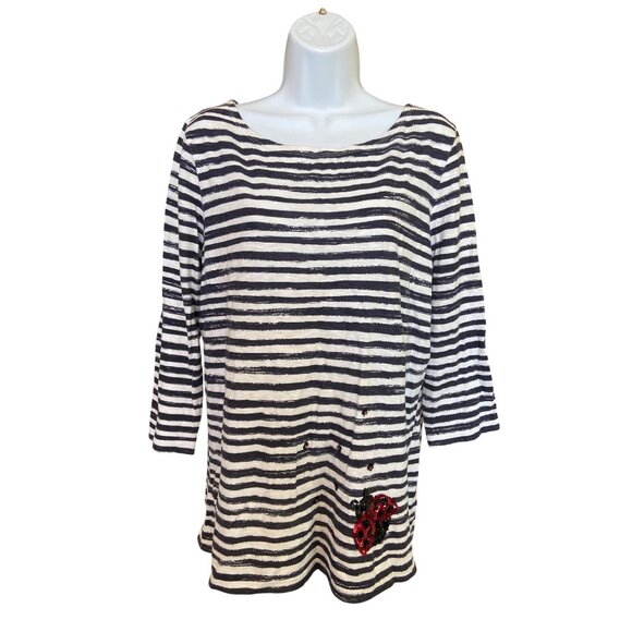 Talbots Striped Sequin Ladybug Top Black White Red 1X Nautical Resort Preppy - Picture 2 of 9